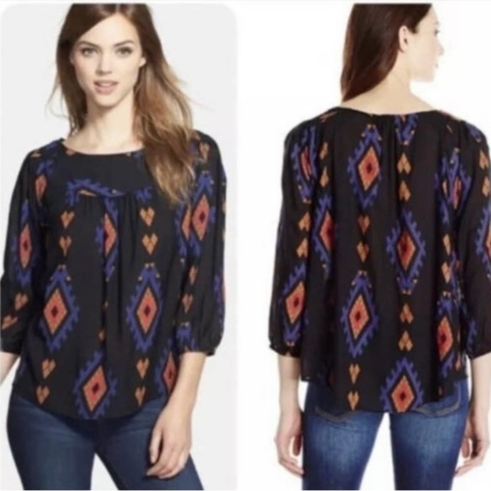 Lucky Brand Small Amelia Black Aztec Southwestern Peasant Blouse